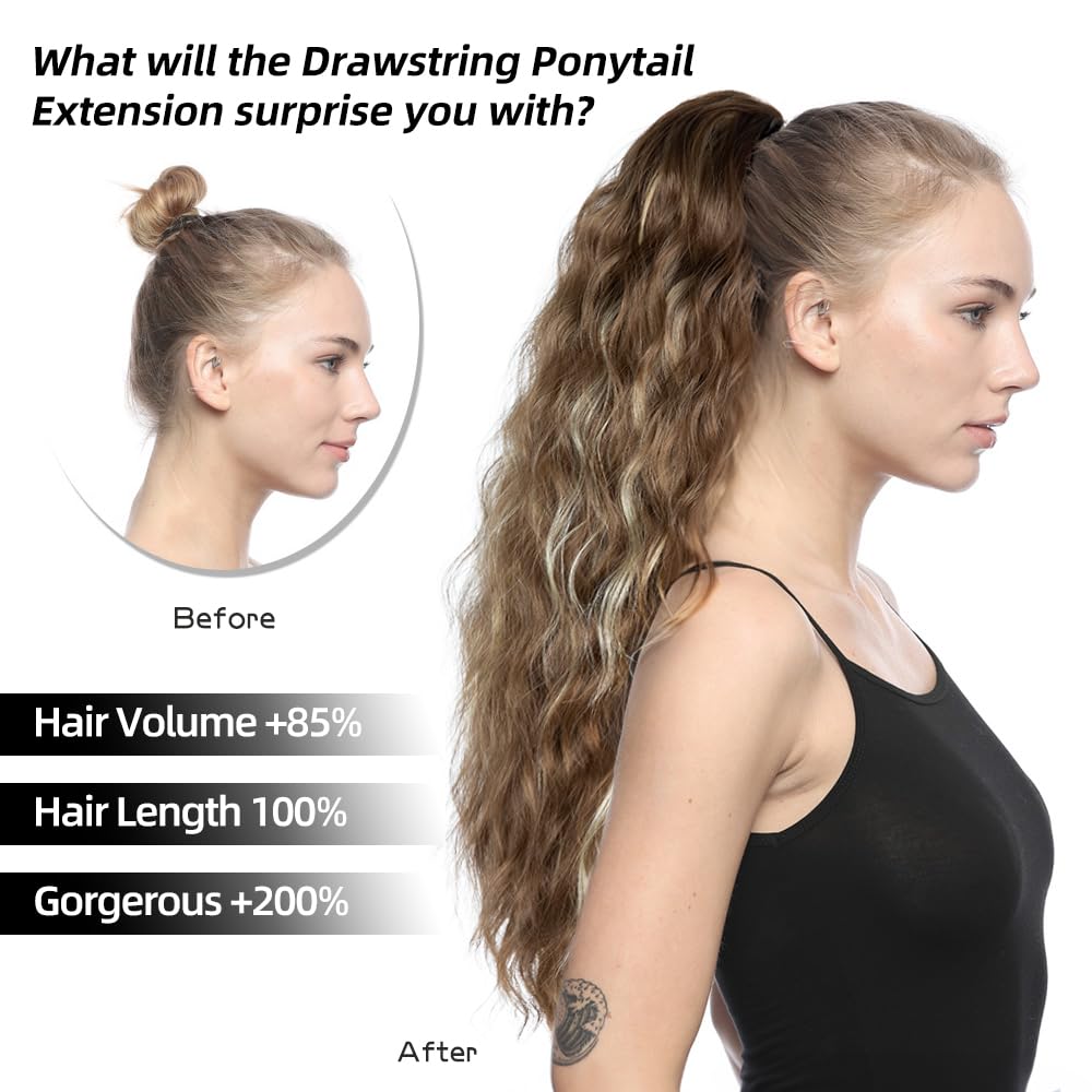 Ponytail Extension for Women, 26 inch Drawstring Ponytail Extension, Wavy Pony Tails Hair Extensions, Synthetic Hair Extensions Ponytail for Daily Use (Deep Almond Brown with Wheat Germ Blonde)