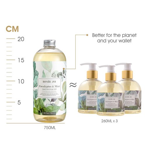 ROMIIE ZOI Eucalyptus & Mint Liquid Hand Soap Refill - Gentle, Moisturizing Formula | 750 ML Bulk Pack of 3
