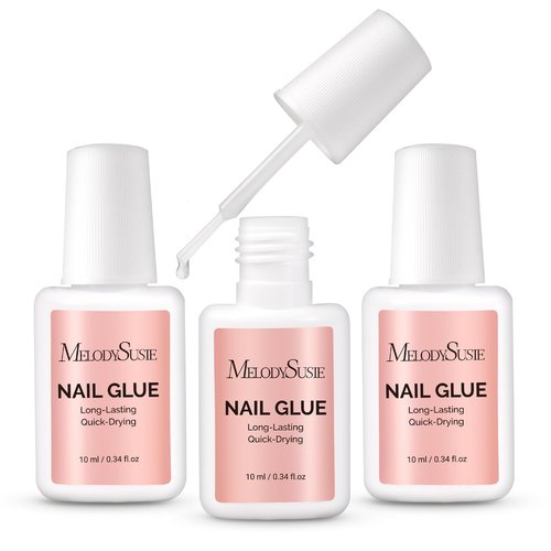 Melodysusie Brush-On Nail Glue for Acrylic Nails Press on Nails Quick-Drying Super Strong Long Lasting Adhesive for Nail Tips Fake Nails No UV Lamp Needed with Easy Application 10ml*3