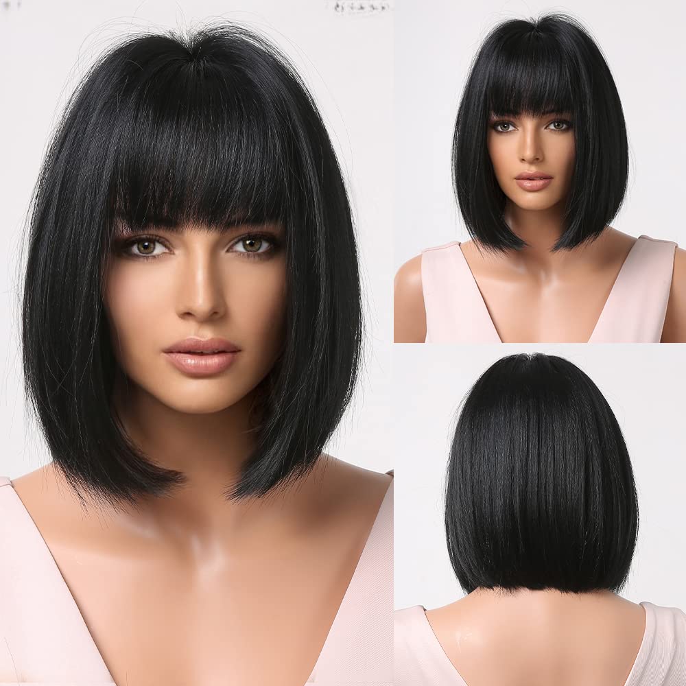 BERON Black Wig for Women Black Bob Wig Short Straight Black Wig with Bangs Synthetic Heat Resistant Wig Cap Included