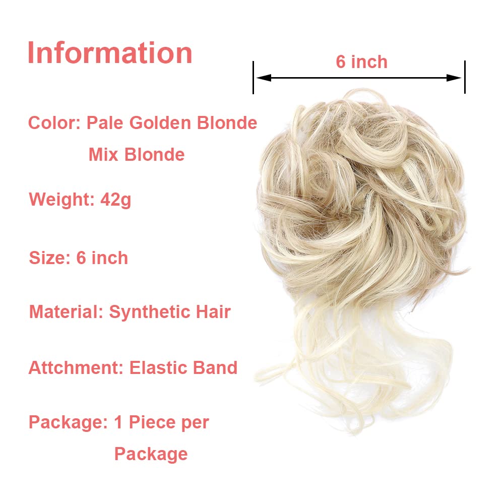KETHBE Messy Bun Hair Piece Tousled Updo Hair Buns Extension Elastic Hair Band Hair Pieces Curly Hair Bun Scrunchie For Women (2PCS,Pale Golden Blonde Mix Blonde)