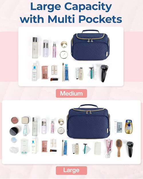 BAGSMART Travel Toiletry Bag, Large Wide-open Travel Bag for Toiletries, Makeup Cosmetic Travel Bag with Handle, Navy-Large