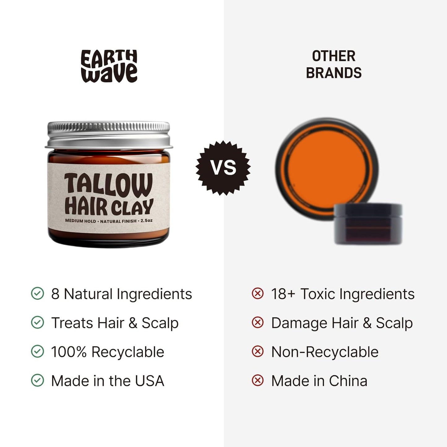 Earth Wave Tallow Hair Clay Pomade - All-Natural Premium Styling Clay for Medium Hold | 2.5oz