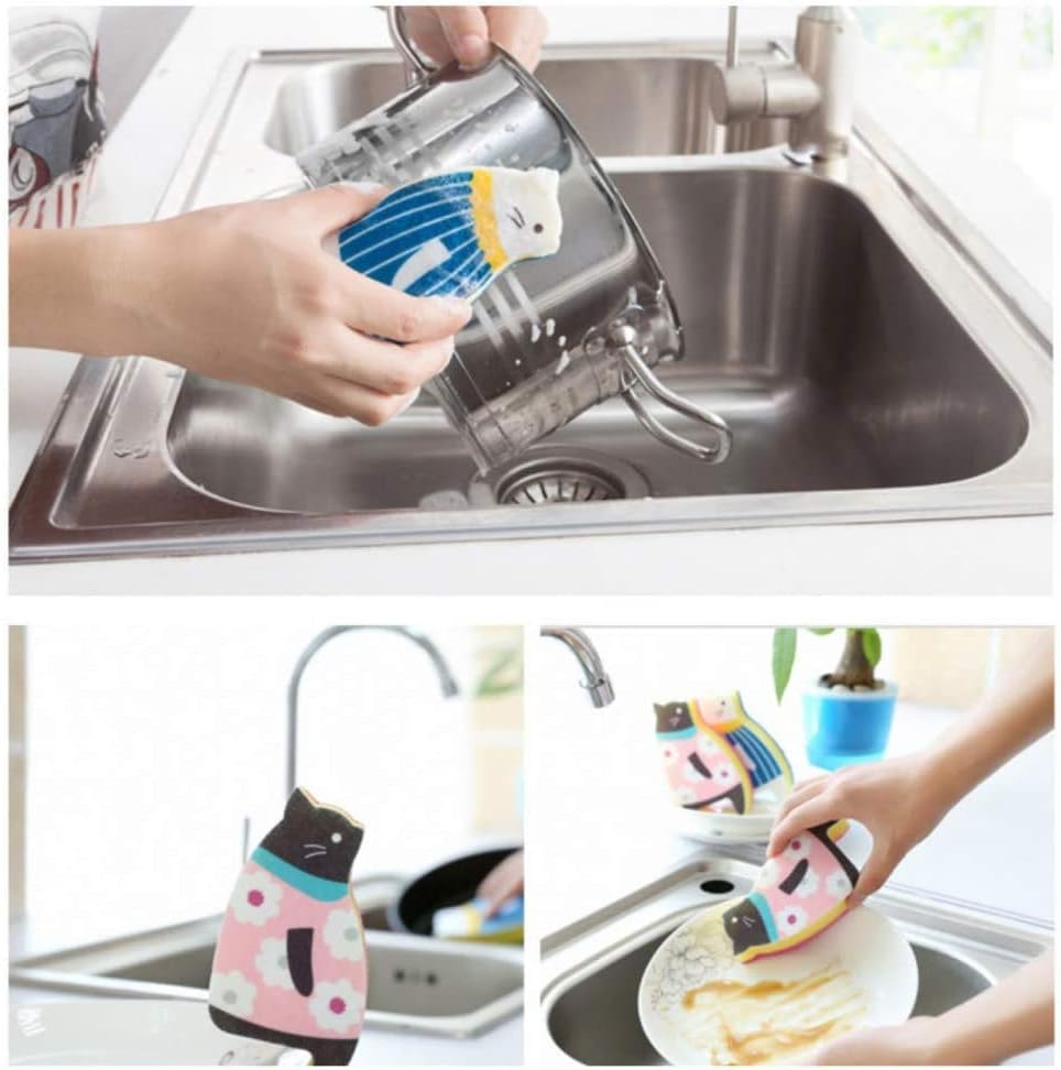 Skiennix Cat Dish Sponge Scrubber - Effective Dishwashing Cloth Set of 4 | Blue & Pink Colors