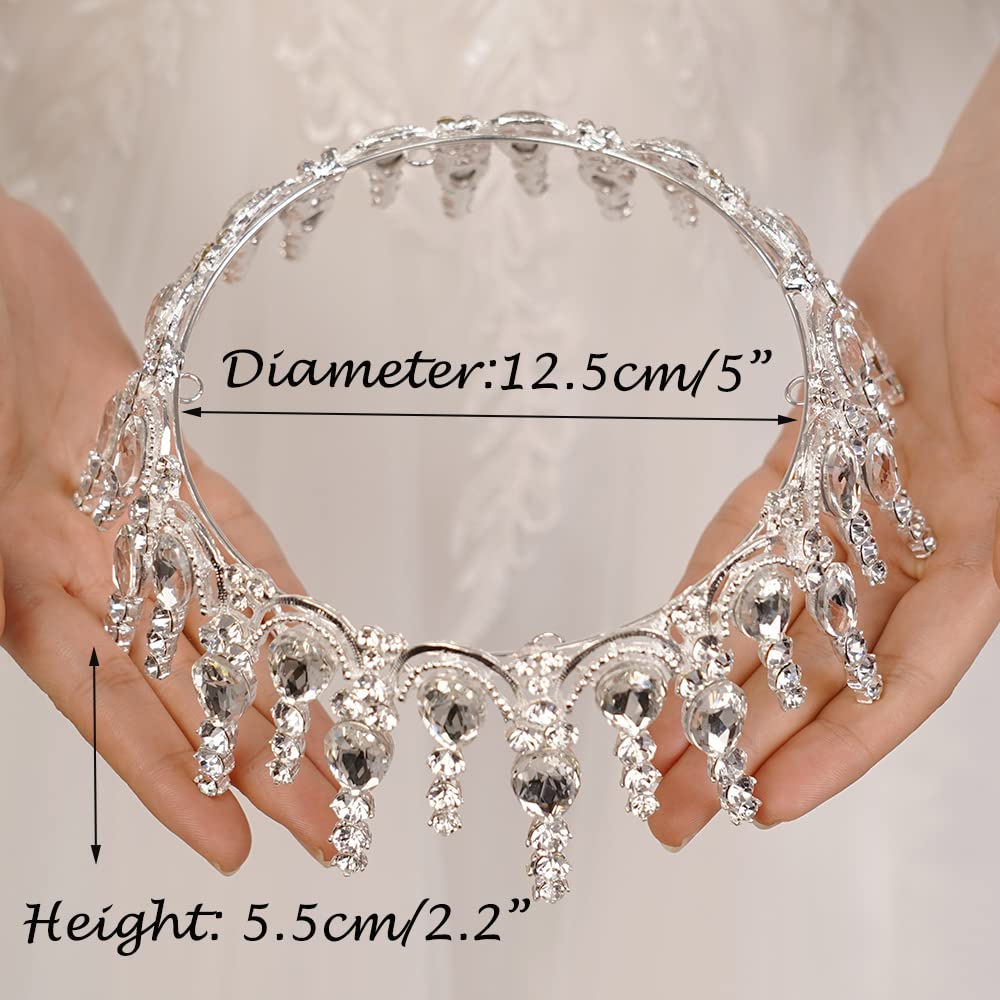 JWICOS Silver Tiaras and Crowns for Women Round Crystal Queen Crowns for Women Princess Tiara with Rhinestone for Girls Wedding Crown for Prom Bridal Party Christmas Gifts (Silver)