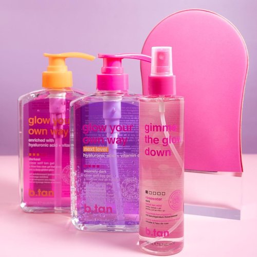 b.tan Insanely Dark Clear Self Tanning Gel with Mitt Kit | Glow Your Own Way Next Level Bundle - Quick Express Tanner for Face and Body with Applicator, Transfer-Proof, No Fake Tan Smell, 16 Fl Oz