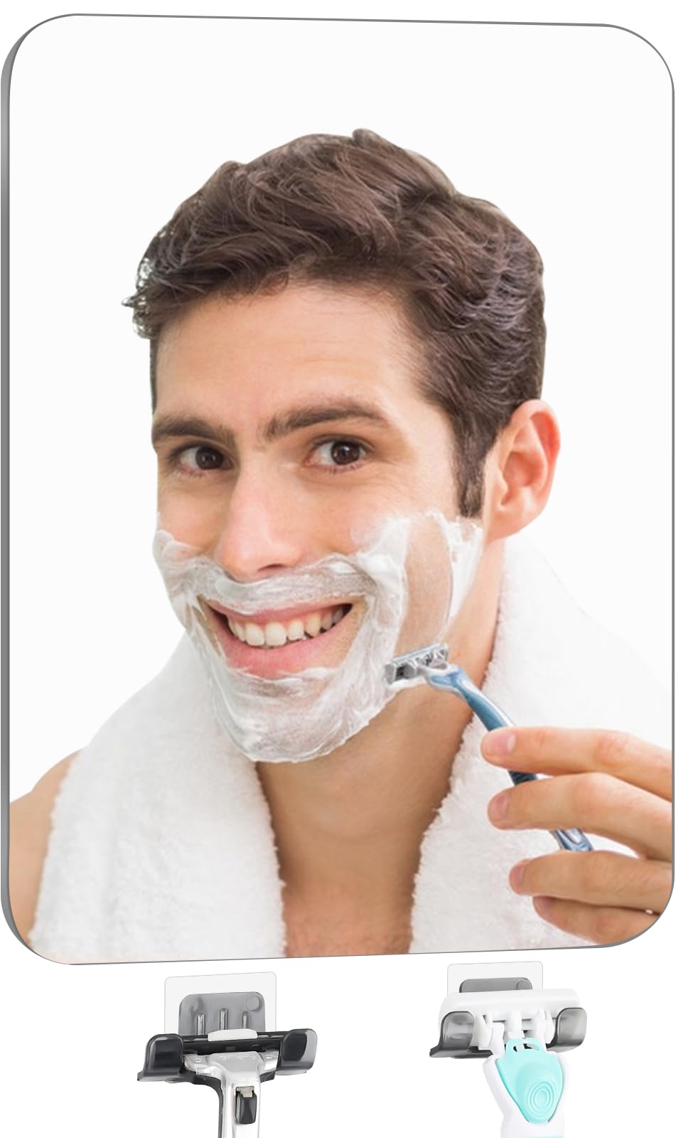 EUAIAJ Shower Mirror Fogless Shaving Large(10.3x7.9in) - Includes 2 Razor Holders & 2 Mirror Holders, Unbreakable & Easy Install & NO-Drilling, Fog Free (No Fog) Shower Mirror for Shaving