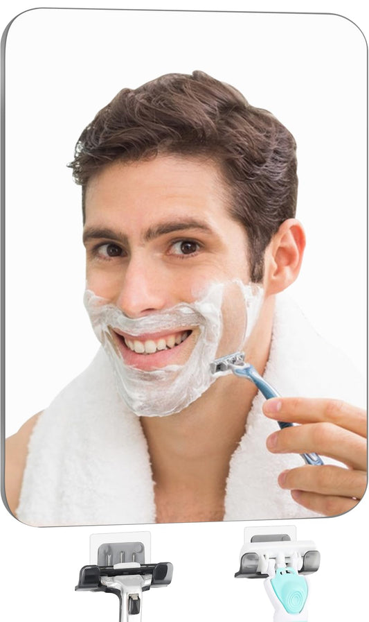 EUAIAJ Shower Mirror Fogless Shaving Large(10.3x7.9in) - Includes 2 Razor Holders & 2 Mirror Holders, Unbreakable & Easy Install & NO-Drilling, Fog Free (No Fog) Shower Mirror for Shaving
