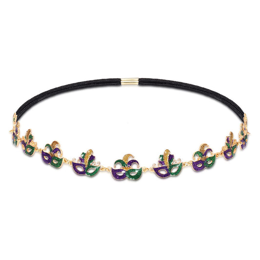 HZEYN Mardi Gras Headband Glitter Crown Mask Fleur De Lis Stretch Headbands Hair Band Party Costume Headwear Hair Accessories (Feather Mask)