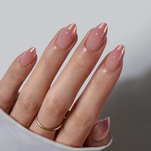 BTArtbox Press On Nails Short - Chrome French Tip Almond Press On Nails with Glue for Women, Opaque Soft Gel Glue On Nails in 16 Sizes - 32 Stick On Nails Kit, Coastal Glow