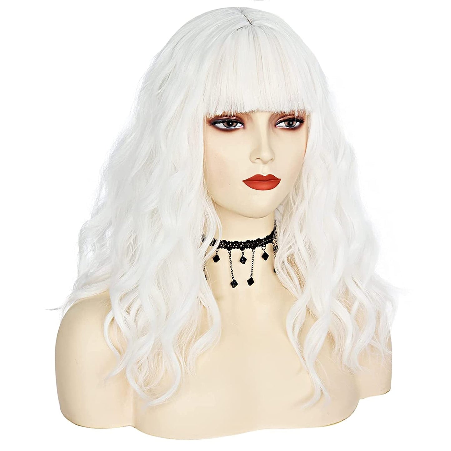 JoneTing White wig +(Wig Cap) with Bangs Cosplay Costume Synthetic Short Natural Wavy Wigs for Women Halloween Christmas Costume Party Wig