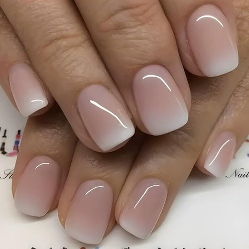 Short Square Press on Nails French Fake Nails Ombre Acrylic Nails Press on Full Cover Glossy False Nails Artificial Stick on Nail for Women Manicure Decoration 24PCS