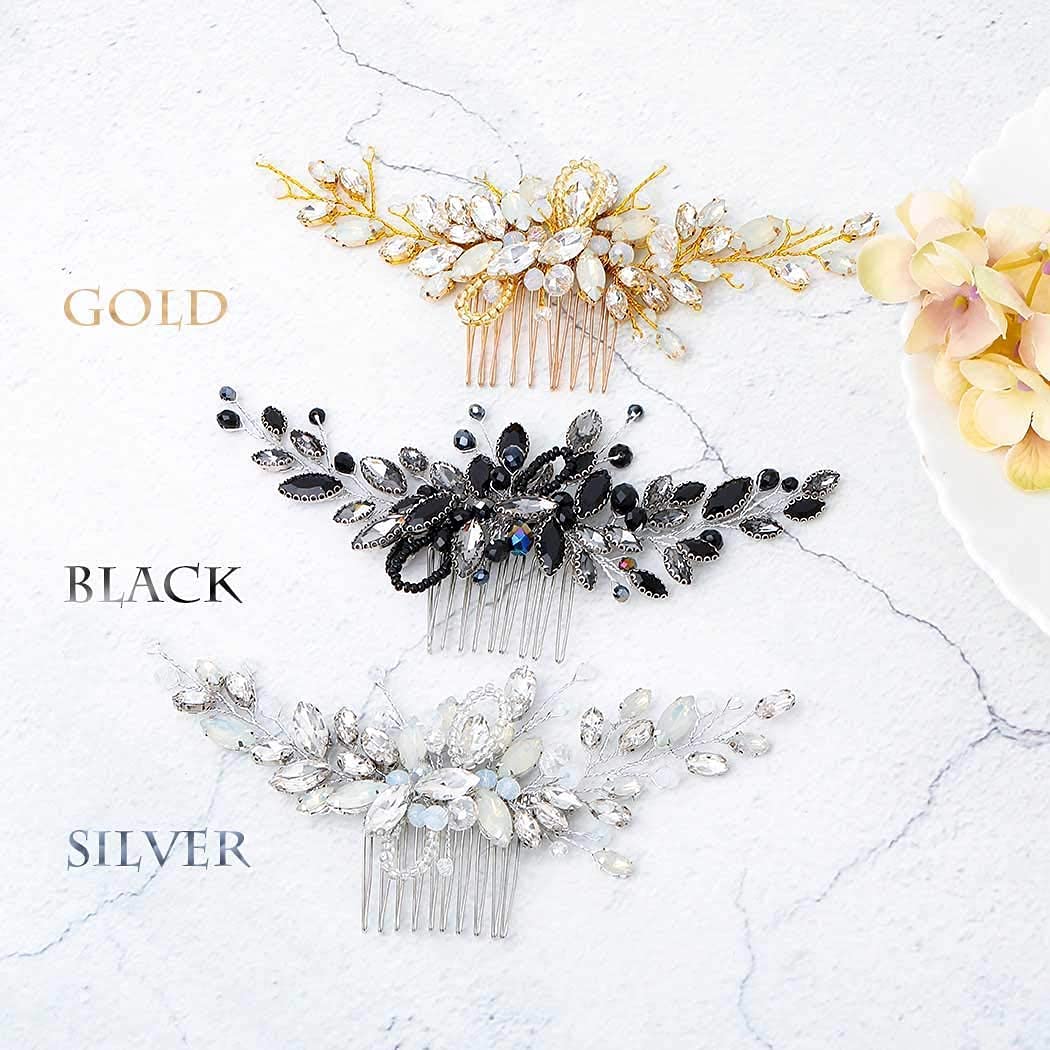 Brishow Black Wedding Hair Comb Rhinestones Opal Crystal Vintage Bridal Hair Clips Bride Hairpiece Handband Accessories for Women and Girls