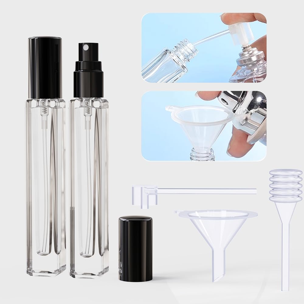 seafulee 5PCS Cologne Perfume Atomizer Empty,10ML Mini Perfume Bottles Refillable With Dispenser Tools, Pocket Perfume Spray Bottle for Travel and Sample Container (Transparent+black cap)