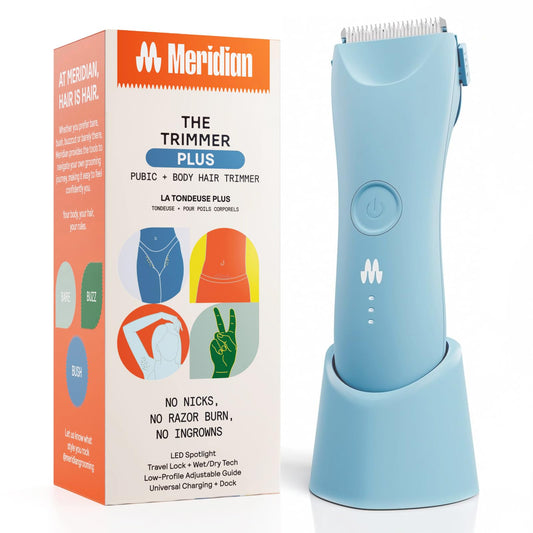 MERIDIAN Trimmer Plus Body & Bikini Hair Manscaping Trimmer, Adjustable Guard, USB-C Charging, Flash Light, Travel Lock, Charging Dock