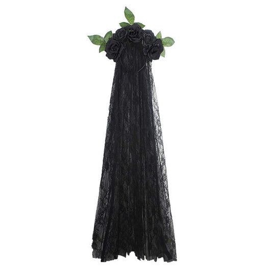 Halloween Costume Black Funeral Veil Witch Cosplay Gothic Headband Party Rose Flower Crown Garland Mexican Headpiece