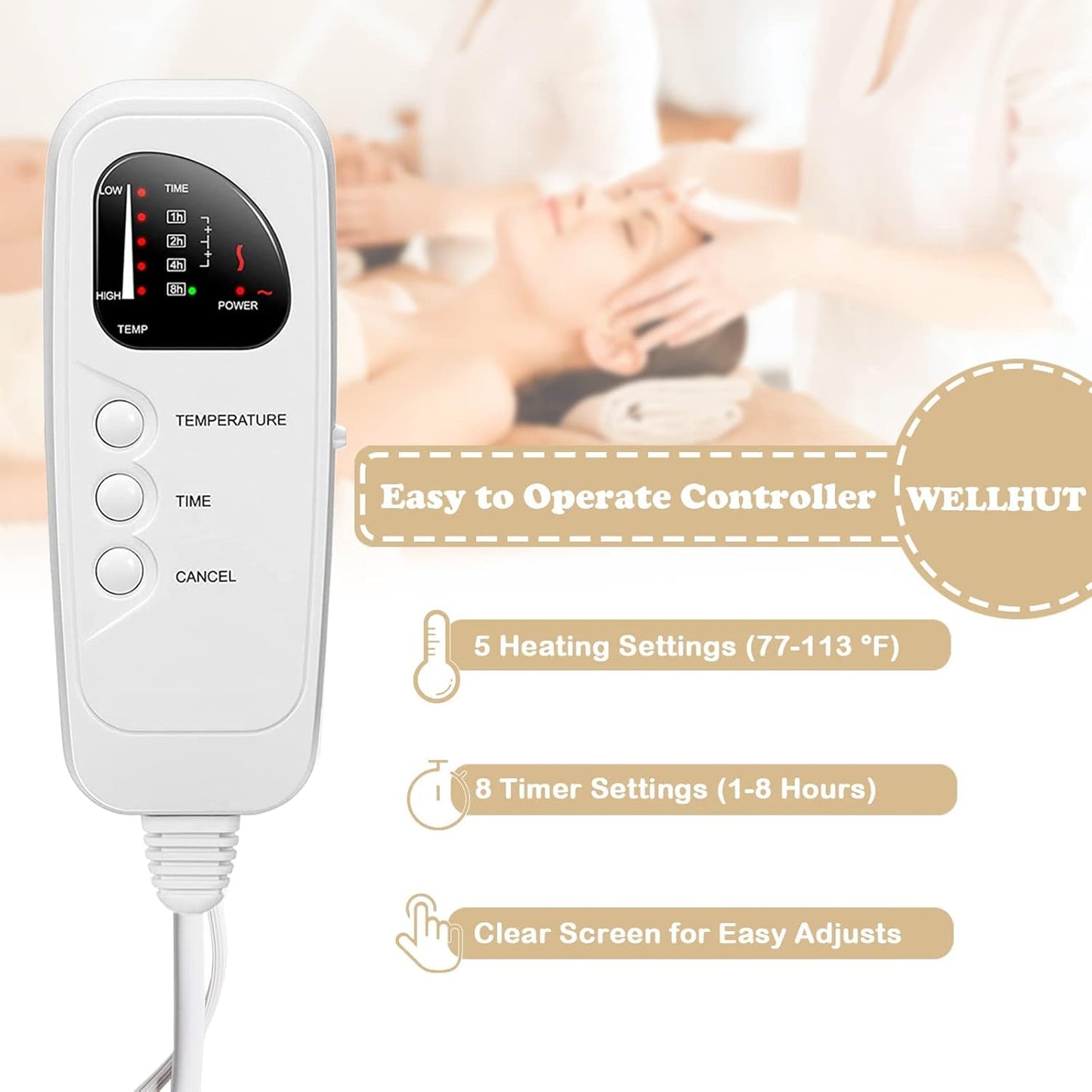 WELLHUT Massage Table Warmer - Deluxe Fleece Heating Pad with 5 Heat Levels & 8 Timer Settings | UL Certified, 12 Ft Cord