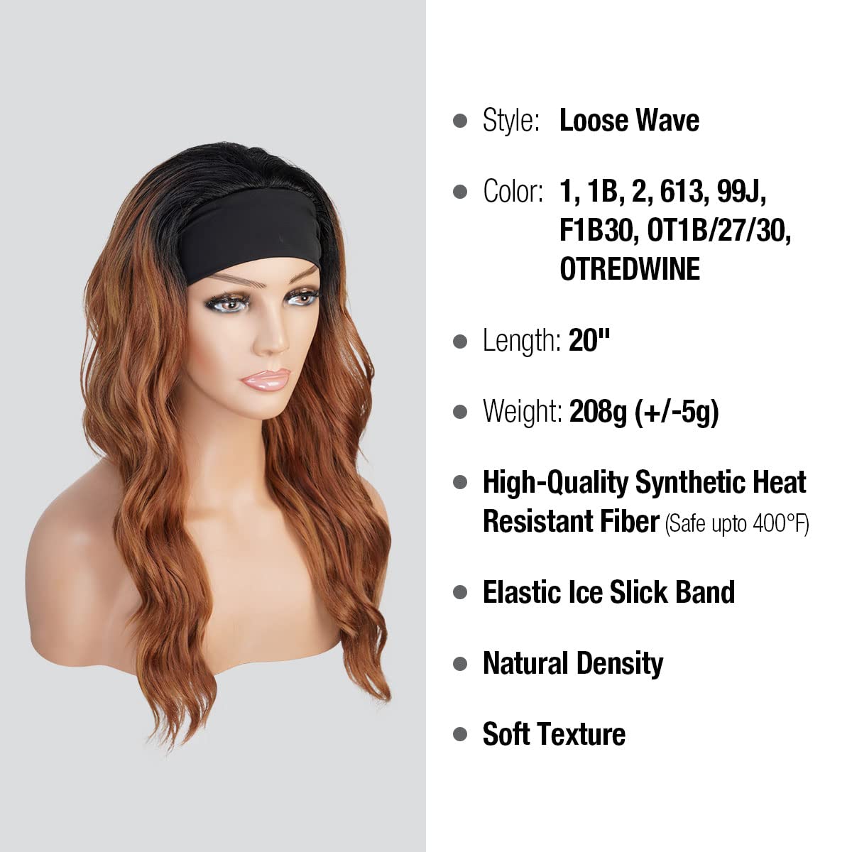 STUDIOCUT BY PROS Headband Wig 20 Inch Loose Wave Quick Wrap Headband Wig Long Wavy Curly Wigs for Black Women High Heat Resistant Synthetic Wigs HBW004 (20 Inch (Pack of 1), OT1B/27/30)