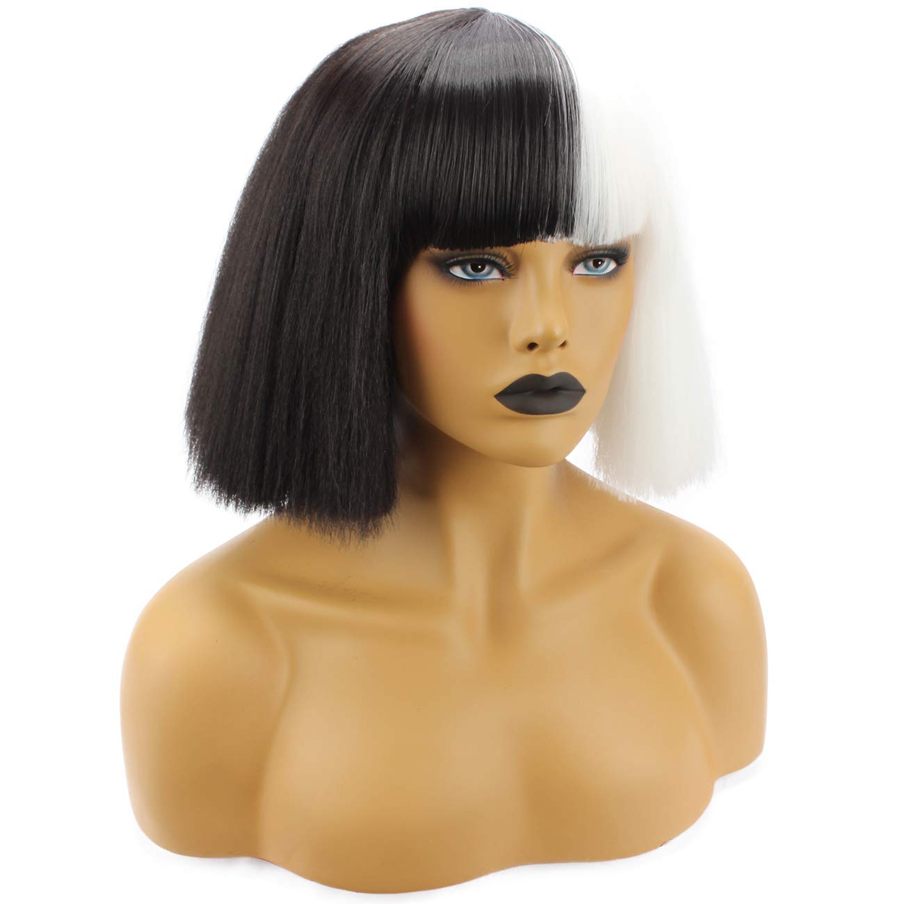 WeKen Halloween Wig Women Short Bob Kinky Straight Full Bangs Synthetic Black and White