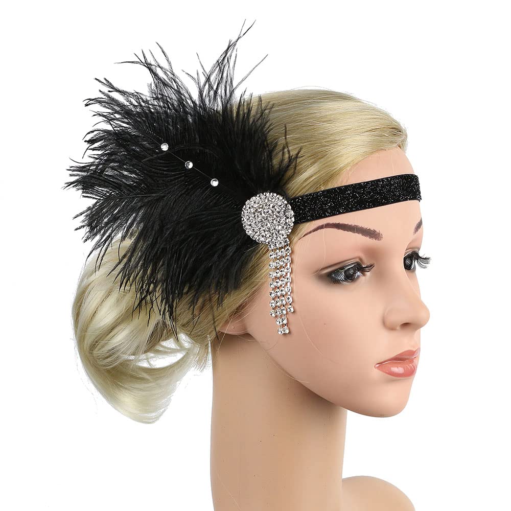 STIOEDYUAN 1920s Flapper Headband Hair Accessories For Women Roaring 20s Feather Headpiece Hair Band Vintage Gatsby Party Rhinestone (Black+White)