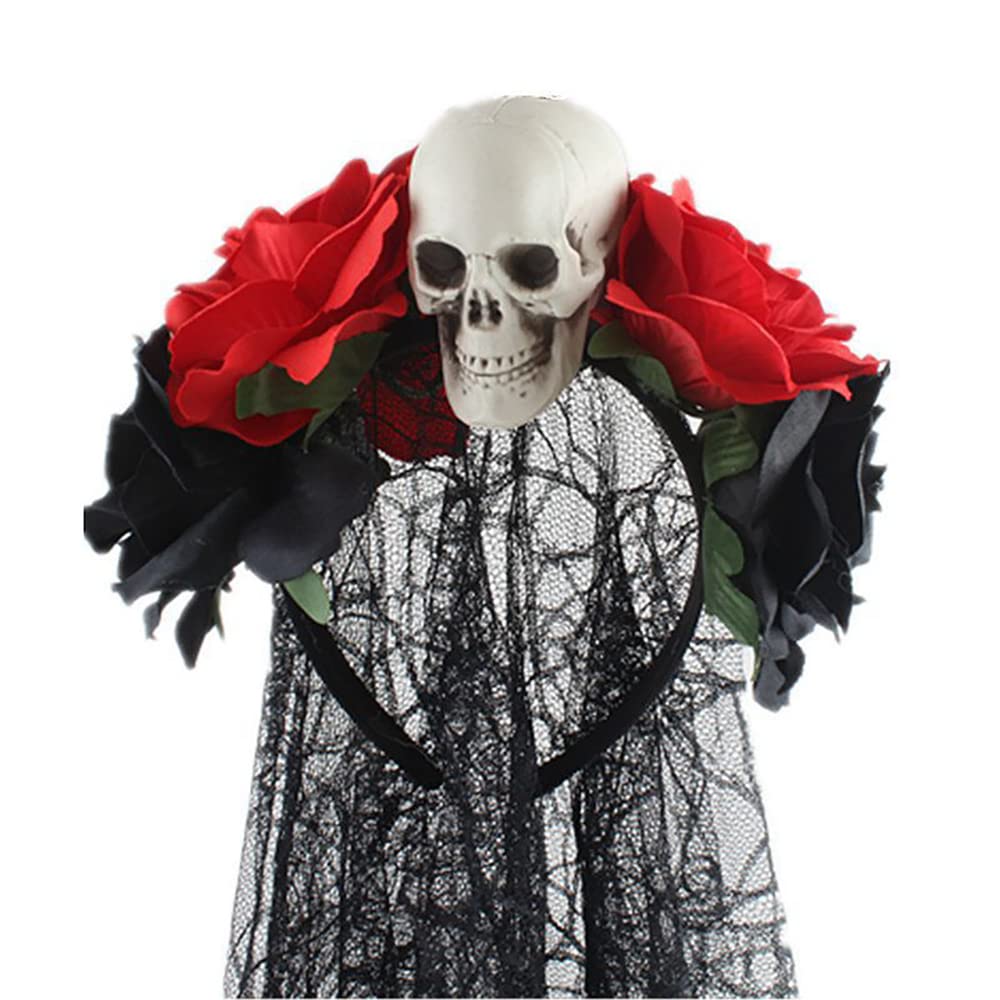 Bubbmi Mexican Rose Flower Crown Headband with Black Veil, Day of the Dead Headpiece, Halloween Festival Headwear with Skull, Dia De Los Muertos Hairhoop (Mexican E)