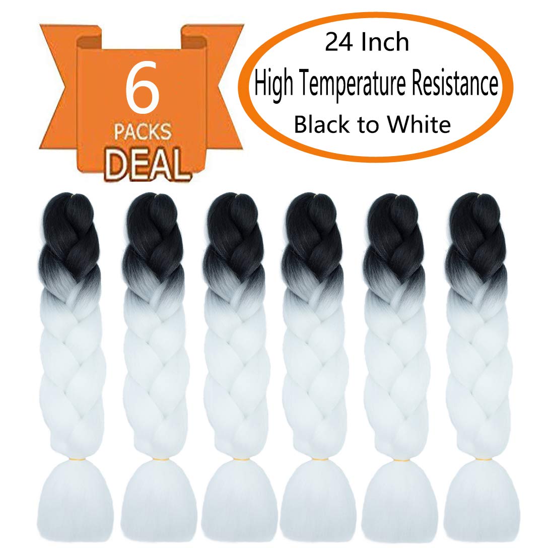 SHUOHAN 6 Packs Ombre Jumbo Braiding Hair Extensions 24 Inch High Temperature Synthetic Fiber Hair Extensions for Box Braids Braiding Hair (Black to White)