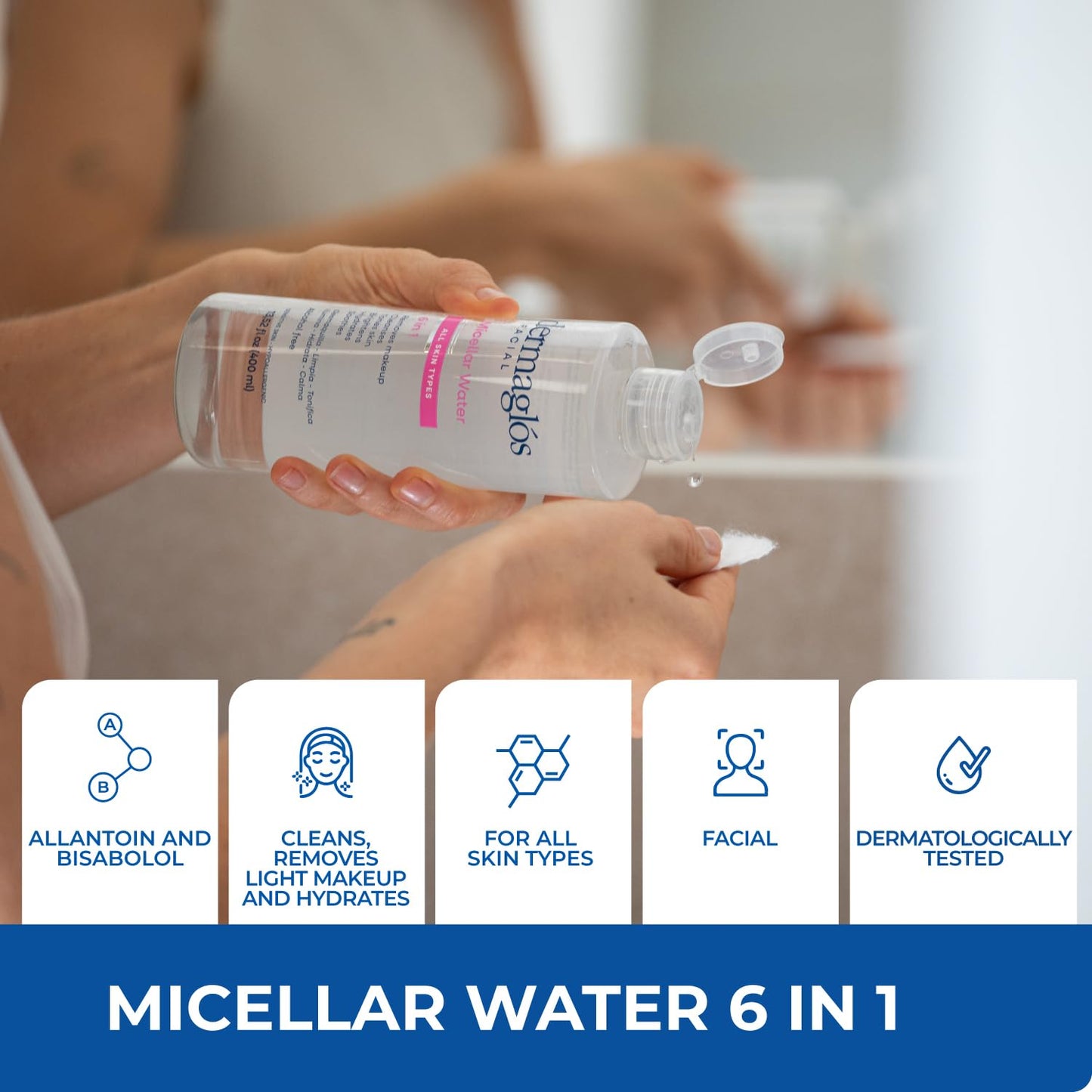 Dermaglos Micellar Water - All-In-One Hydrating Facial Cleanser & Makeup Remover | 13.52 Fl Oz, Alcohol-Free, Soothing Formula