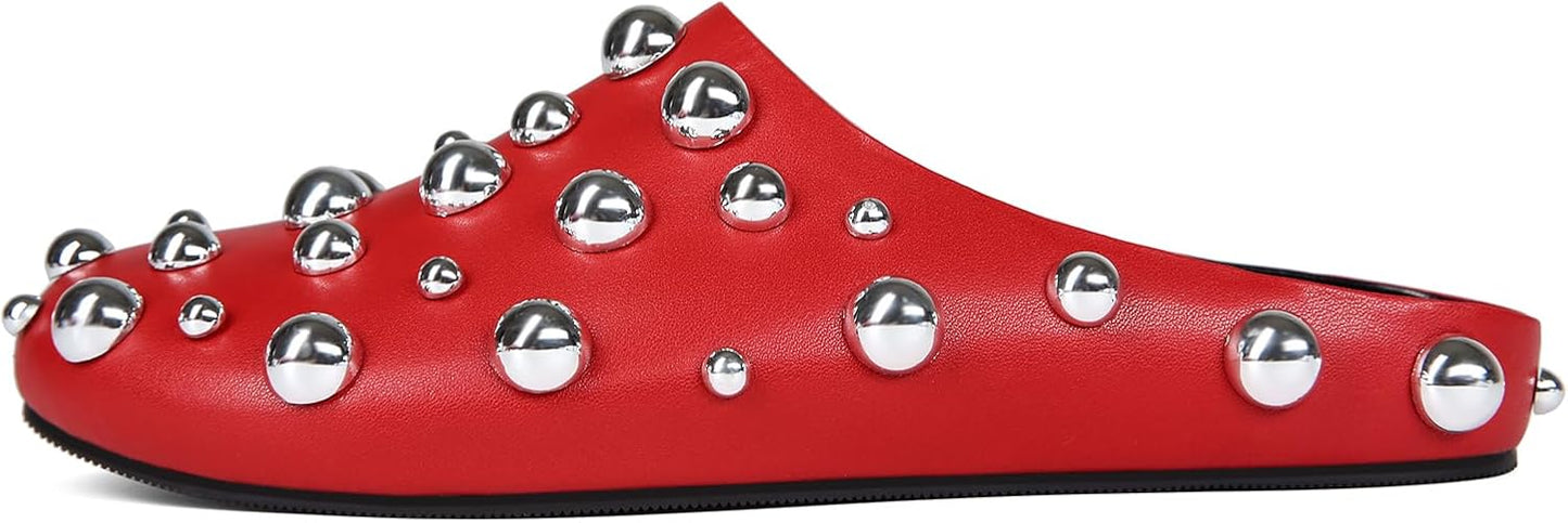Skiennix Studded Flat Mules - Sparkly Metallic Closed Toe Slippers | Comfortable Backless Clogs