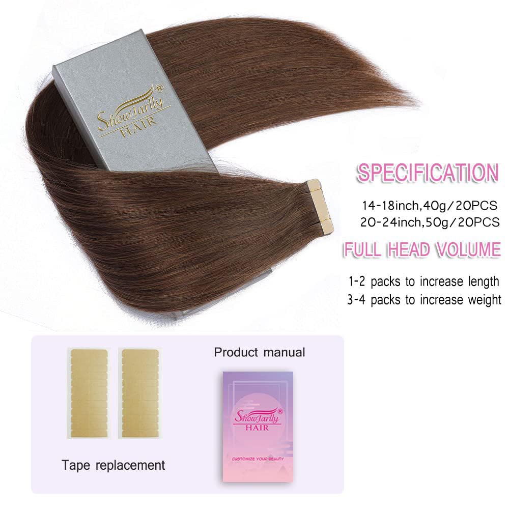 Tape in Hair Extensions for White Women ShowJarlly Dark Auburn 40pcs 20 Inches Copper Tape Ins Invisible Seamless Human Hair Tape In Hair Extentions Human Hair Skin Weft (33#) 100g