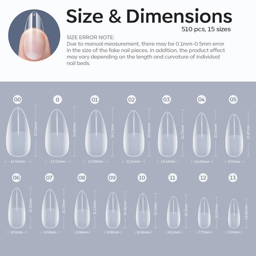 Modelones Almond Fake Nail Tips -510Pcs Medium Soft Gel Nail Tips Almond Shape Pre Etched Half Matte Full Cover Clear Acrylic Gel Kit False Press on for Extension Manicure Salon DIY at Home 15 Sizes