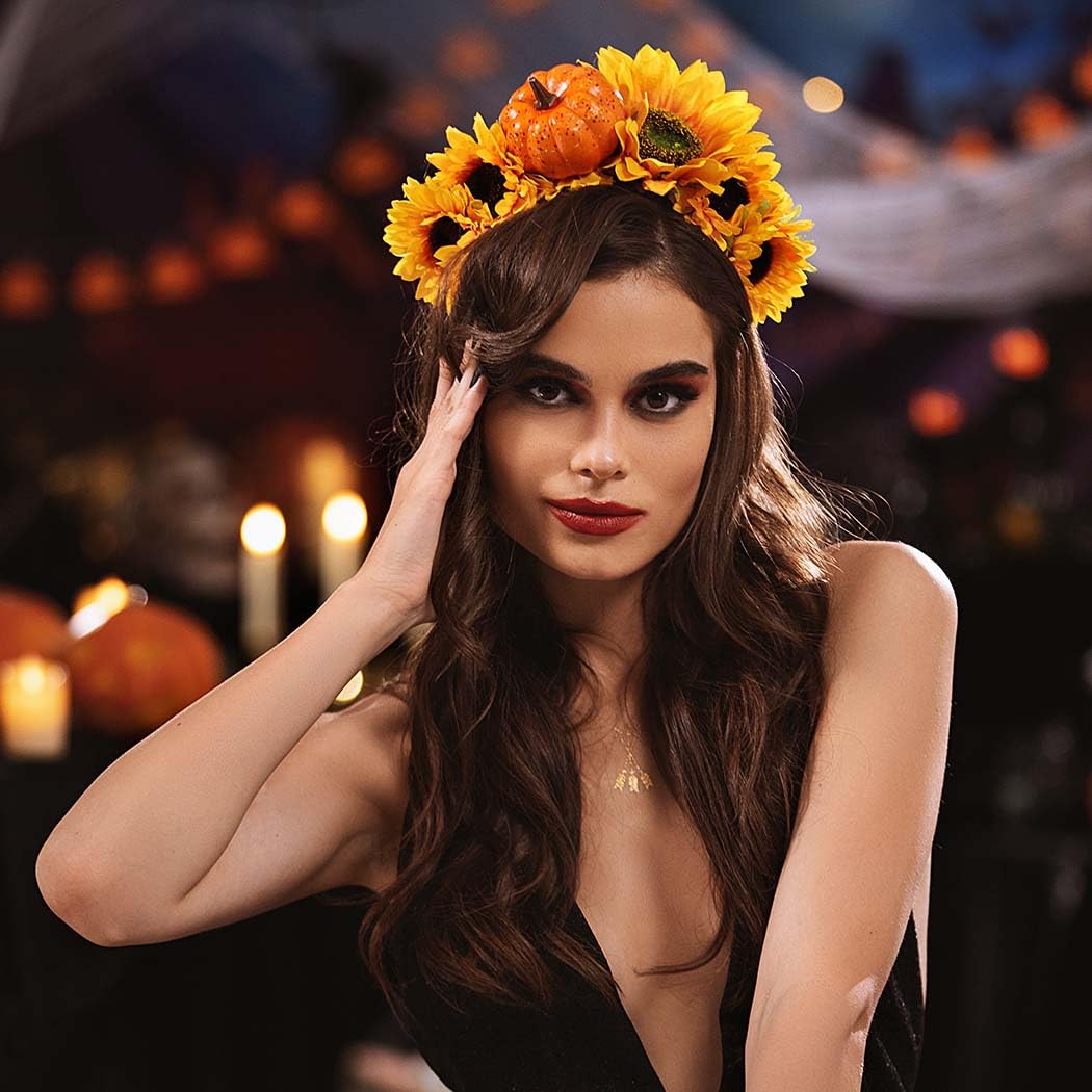 Woeoe Day of The Dead Floral Headband Pumpkin Sunflower Halloween Flower Crown Hairband Festival Costume Party Mexican Floral Headpiece Headdress