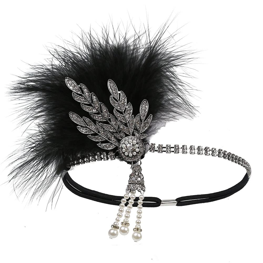 1920s Flapper Feather Headband Art Decor Gatsby Rhinestone Leaf Medallion Imitation Pearl Headpiece Hair Accessories Women (Black)