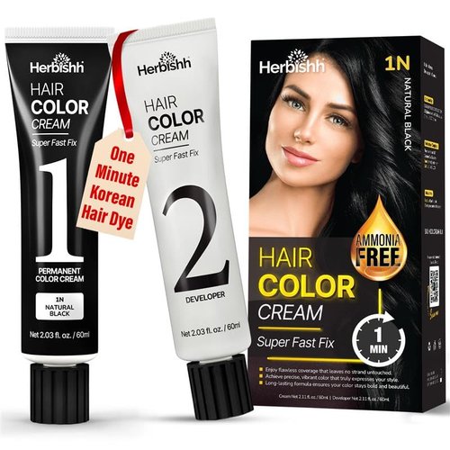 Herbishh Korean Hair Dye Cream & Developer - Ammonia-Free Permanent Color for Gray Coverage | Natural Black (2.03 fl oz Each)