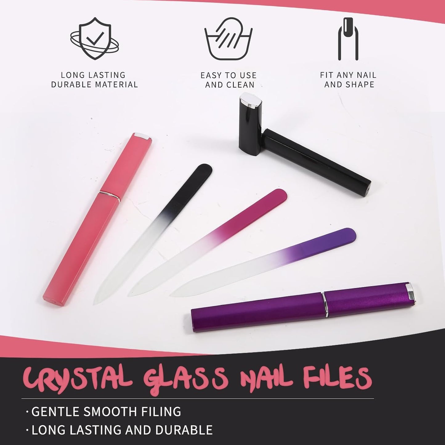 Skiennix Crystal Glass Fingernail File Set - Double-Sided Etched for Gentle Nail Care | 3 Pack with Case