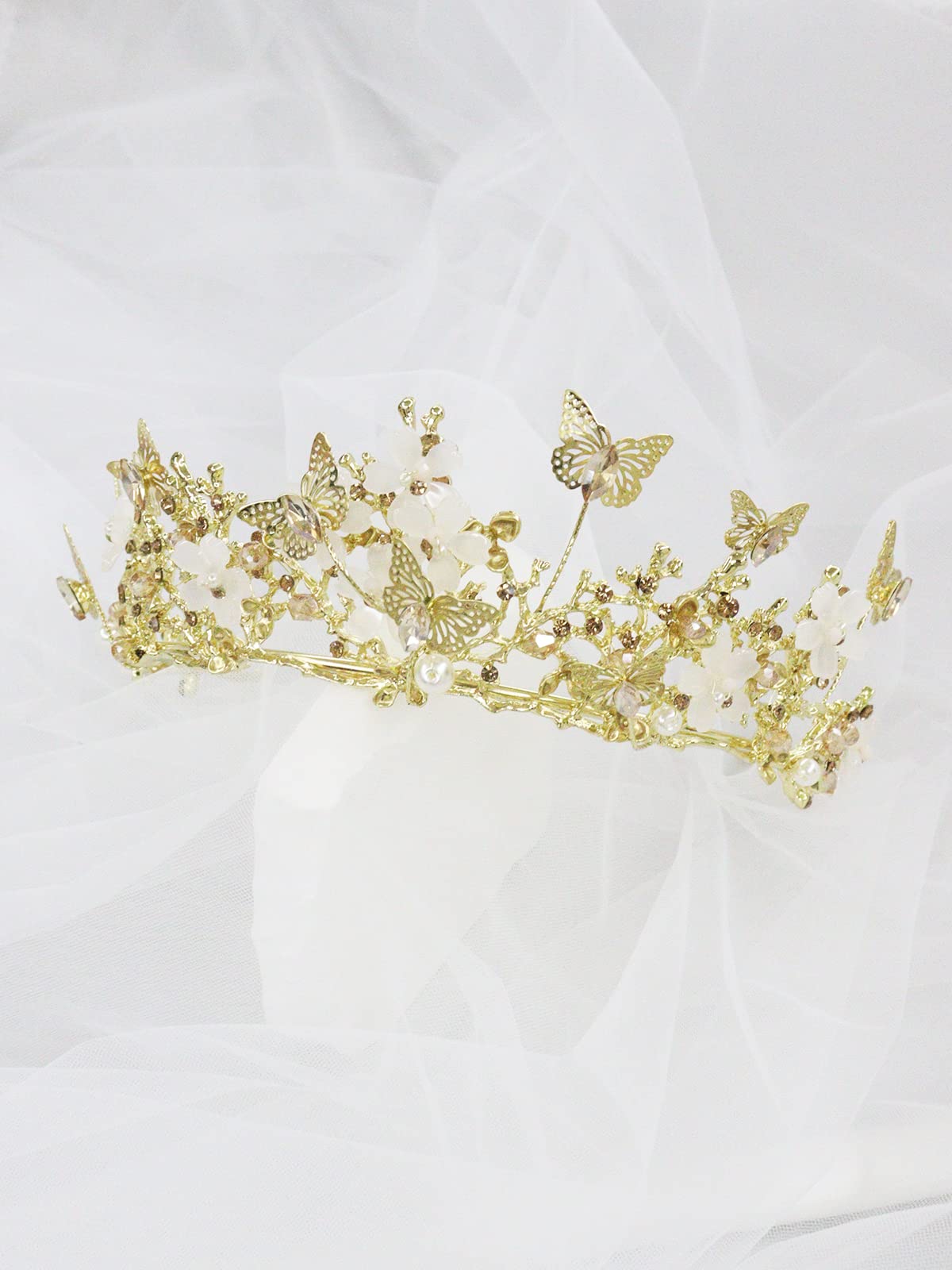 Brihasory Butterfly Queen Birthday Crowns Gold Tiaras for Bride, Crystal Royal Princess Wedding Rhinestone Headband, Costmue Party Christmas Halloween Black Prom Headpiece for Women and Girls (Gold)