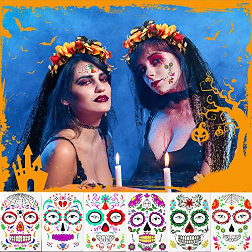 Day of The Dead Headband Halloween Mexican Veil Spider Headband with Halloween Face Tattoo Temporary Face Sticker (Bright Style)