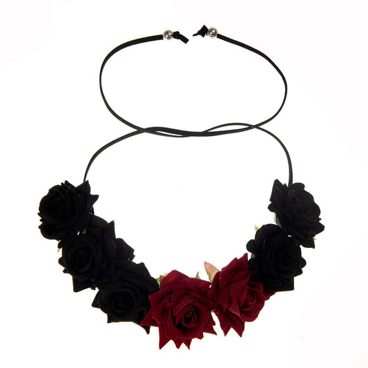 Floral Fall Rose Red Rose Flower Crown Woodland Hair Wreath Festival Headband F-67 (Red with Black)