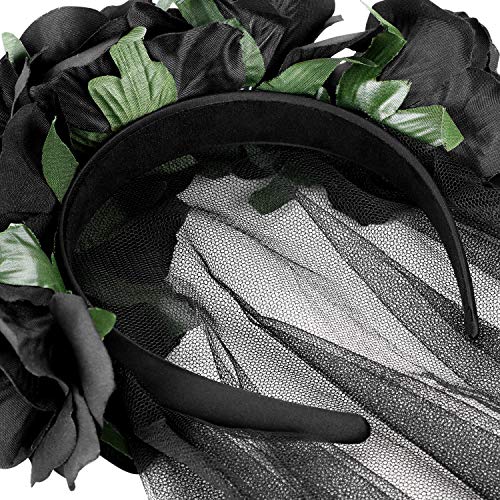 Rose Flower Headband Floral Crown Headdress with Lace Veil Mexican Headpiece Bridal Hair Accessories Day of The Dead Festival Halloween Party Costume Photo Props for Girl Women (Black)