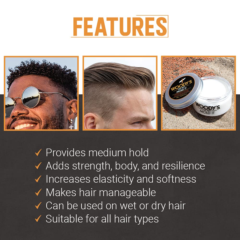 Woody's Hair Clay for Men – Matte Finish, Styling Pomade for Men Stronghold, Firm and Flexible Control, 3.4 oz. 2-Pack