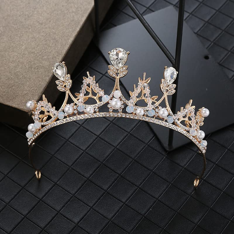 YOVECATHOU Girls Gold Tiara Princess Crown Headband Rhinestone Hairpiece for Halloween Costume Wedding Bridal Prom Birthday Party Cosplay Christmas Gifts