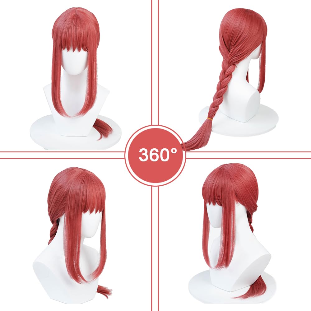 SEISAIDO Long Red Wig Anime Pink Cosplay Braids Wigs with Bangs for Csm Halloween Party Hair + Wig Cap