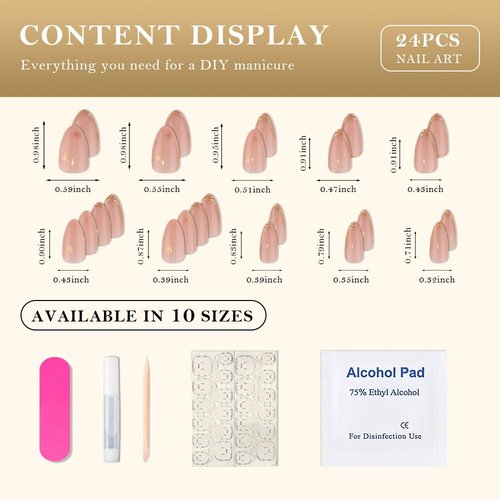 evpct Gold French Tip Press on Nails Almond Medium, Nude Pink + Gold Line Tips, Stick on Nails Medium Almond for Women, Full Cover Perfectly Fit Handmade Soft Gel Artificial Fake False Nail Kit