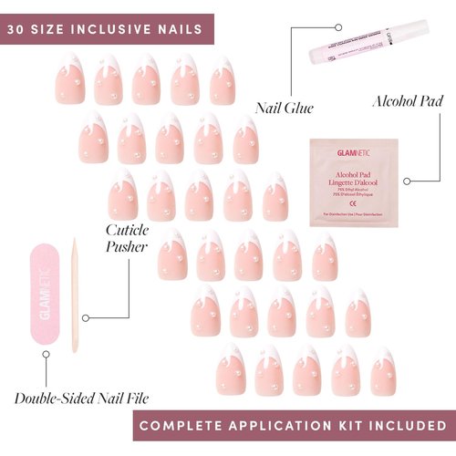 Glamnetic Press On Nails - French Pearl | Glossy, Short Almond French Tip Fake Nails with 3D Accents, Salon Quality | 15 Sizes - 30 Nail Kit with Glue