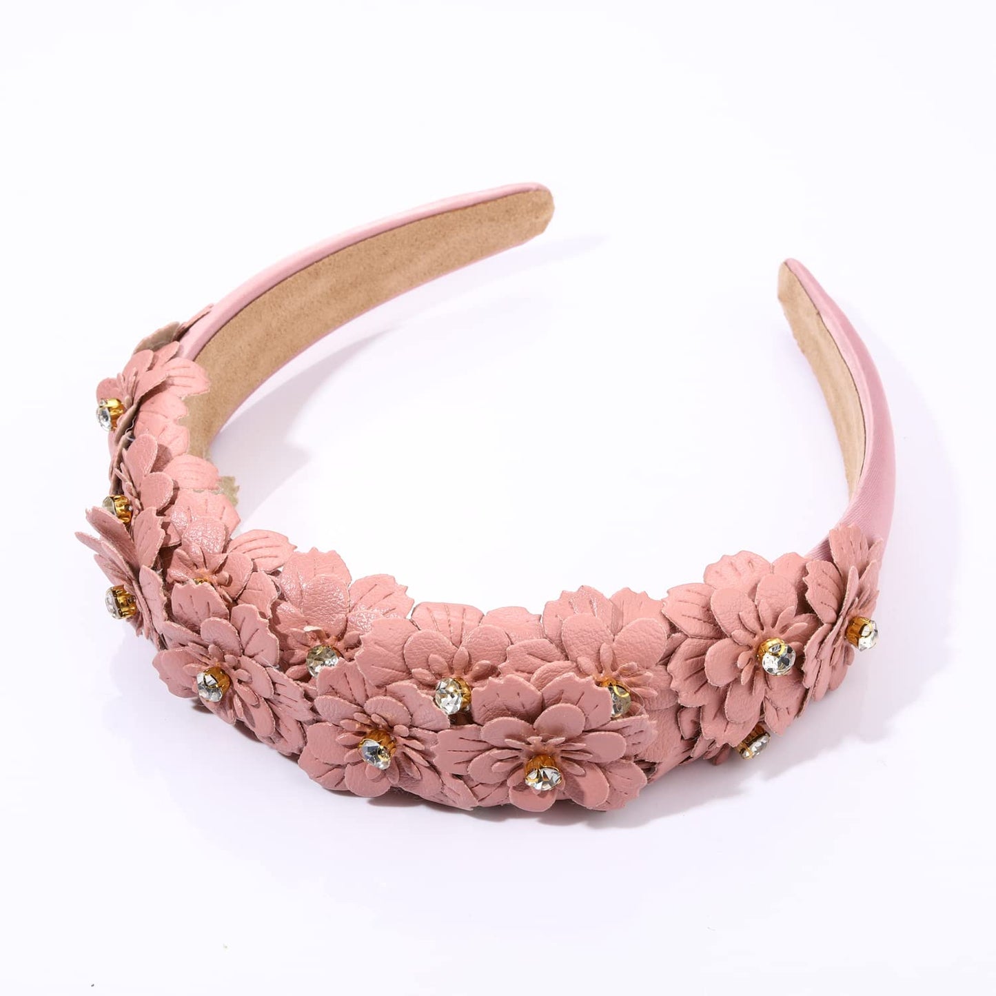 Padded Flower Crystal Headbands Leather Floral Hairband Rhinestone Embellished Wide Hair Hoop Solid Color Daisy Flower Hair Band Accessories for Women Girls Wedding Birthday Party