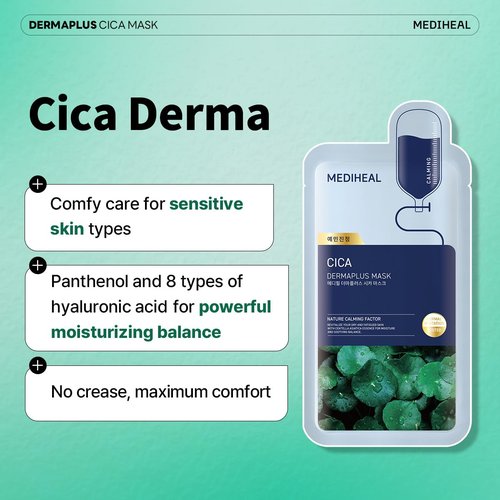 Mediheal Dermaplus Cica Mask - Calming Vegan Sheet Mask with Panthenol & Hyaluron | 10 Count