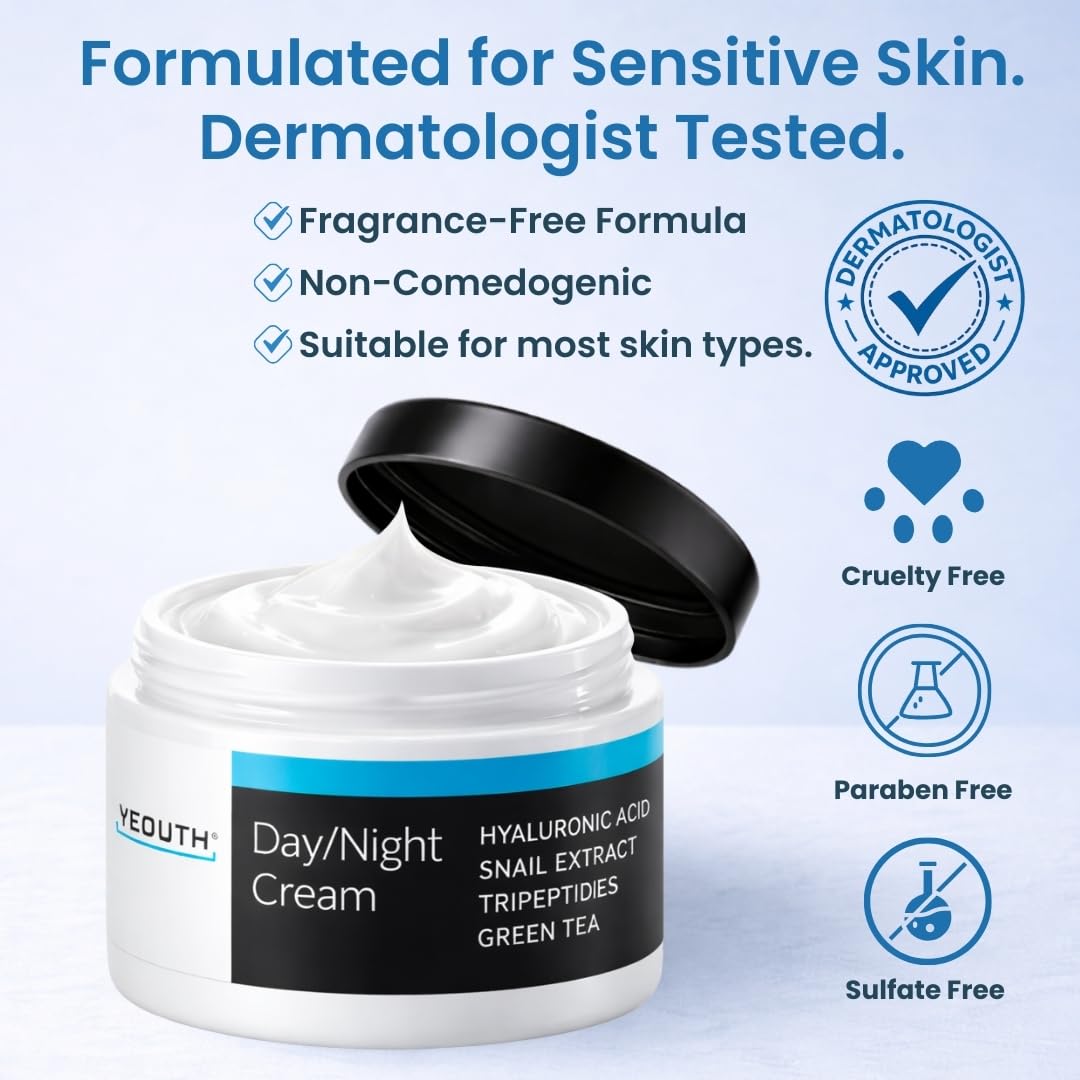 YEOUTH Day & Night Face Moisturizer - Hydrating Hyaluronic Acid & Snail Mucin Cream, 4oz