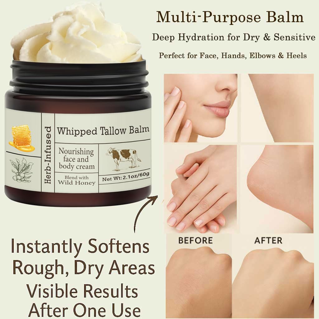 URQT Beef Tallow for Skin - Organic Grass-Fed Whipped Balm with Honey - Deeply Moisturizing Face & Body Care