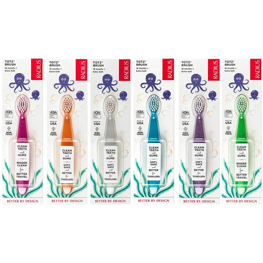 RADIUS Totz Toothbrush Extra Soft Brush BPA Free & ADA Accepted Designed for Delicate Teeth & Gums for Children 18 Months & Up - Assorted - Pack of 6