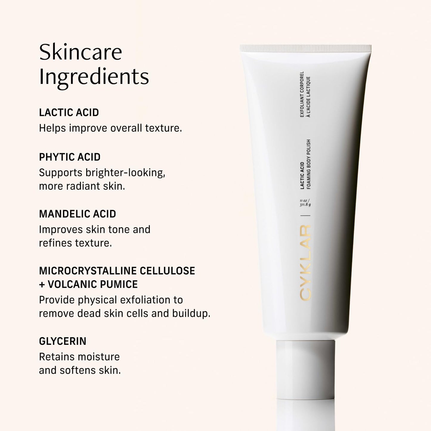 Cyklar Lactic Acid Body Polish - Chemical Exfoliator with AHAs & Volcanic Pumice | Hydrating, Fragrance-Free, 11 fl oz