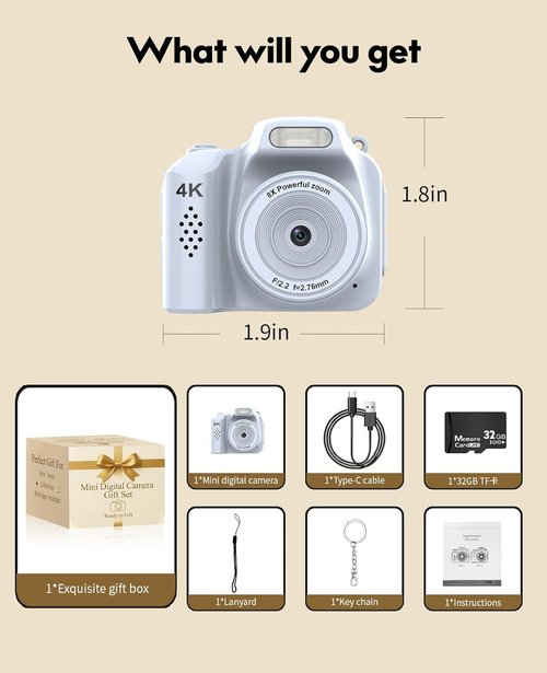 FLATIC Mini Keychain Camera - 4K Retro Camera with 32GB Card & Elegant Gift Box | Perfect for Kids & Adults